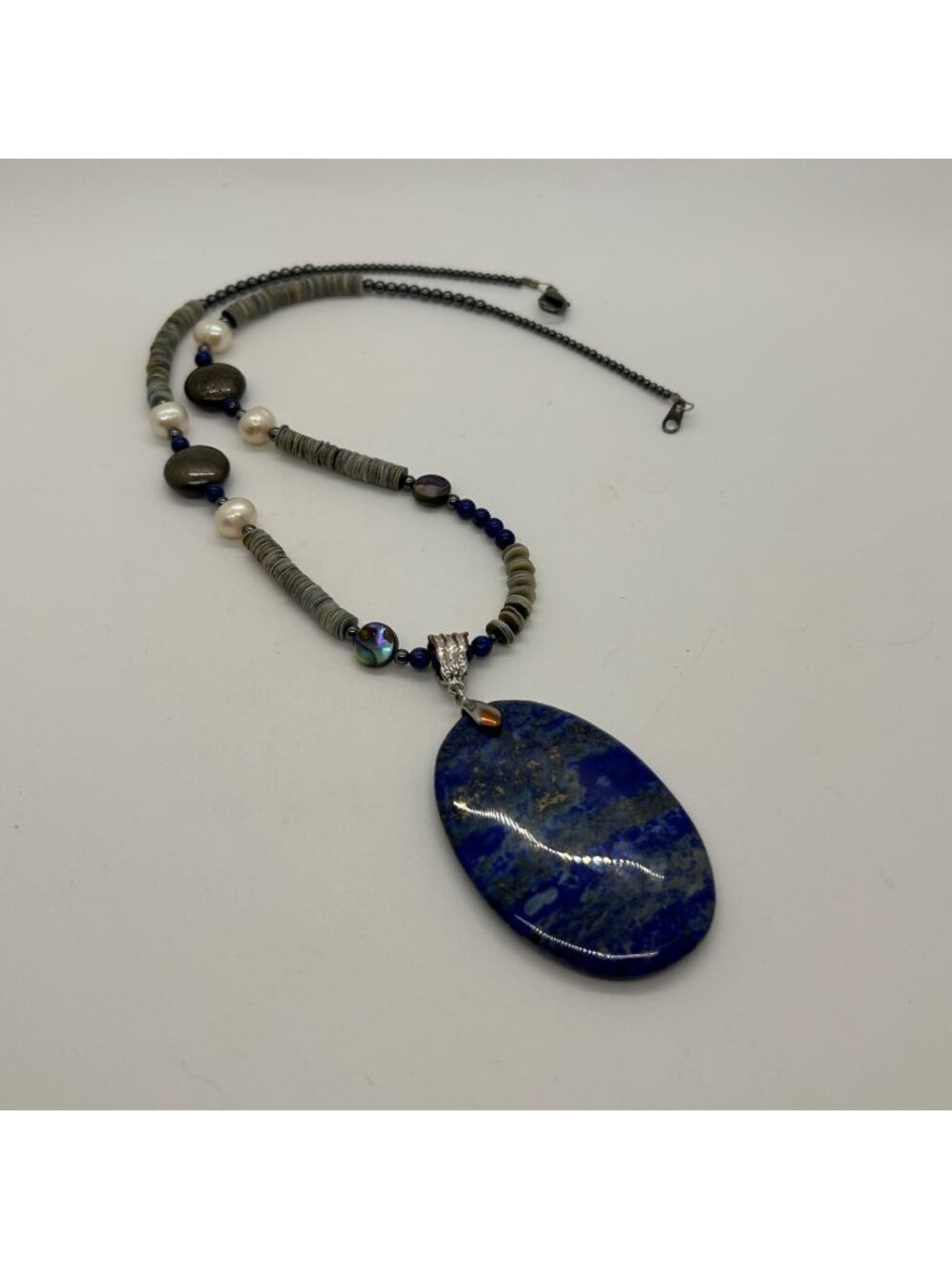Lapis Lazuli Pendant Necklace Oval Blue Gemstone Pyrite Handmade Beads Boho